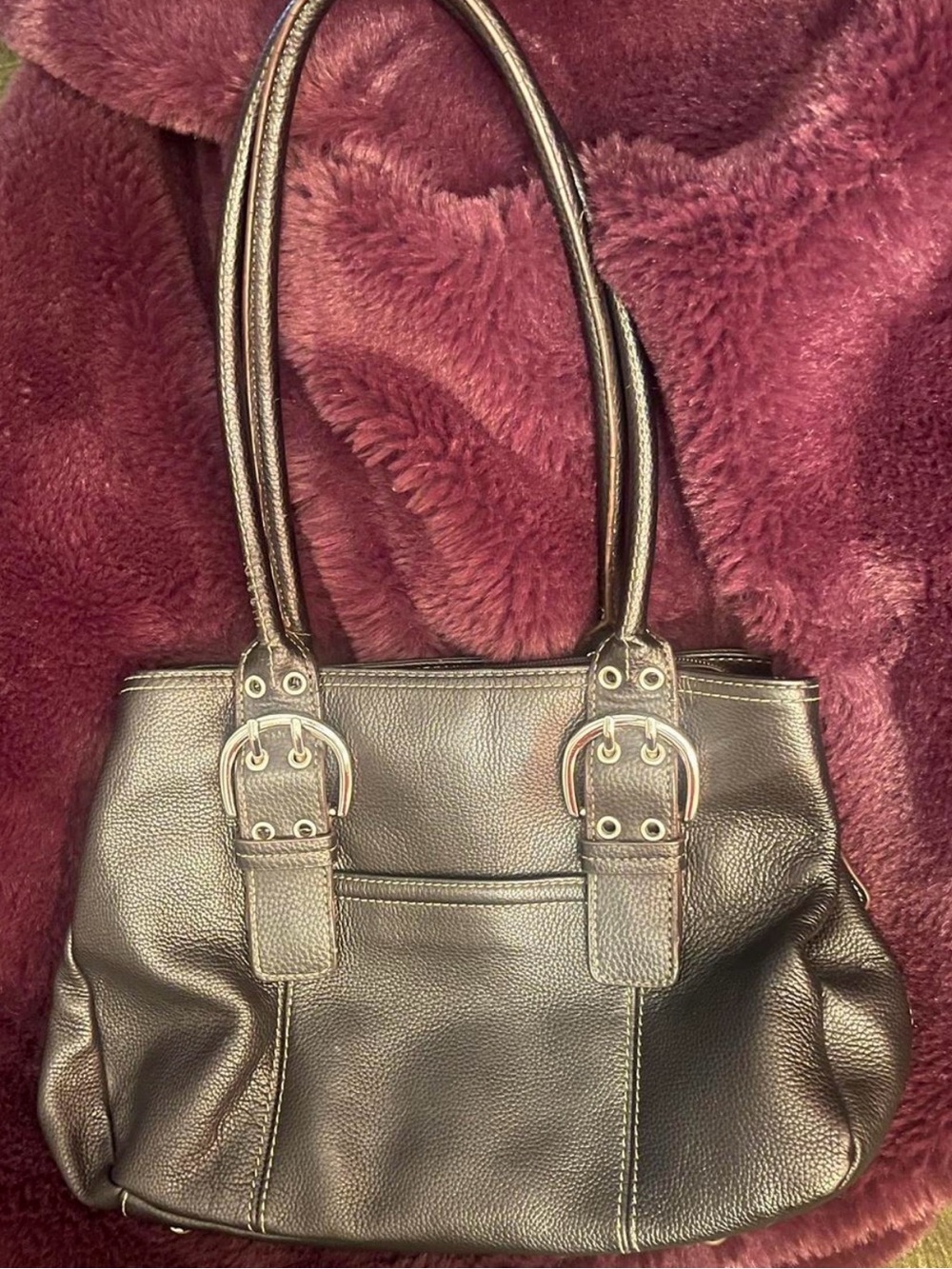 Black Leather-Style Women's Tote Bag with Buckle Accents - Picture 2 of 6
